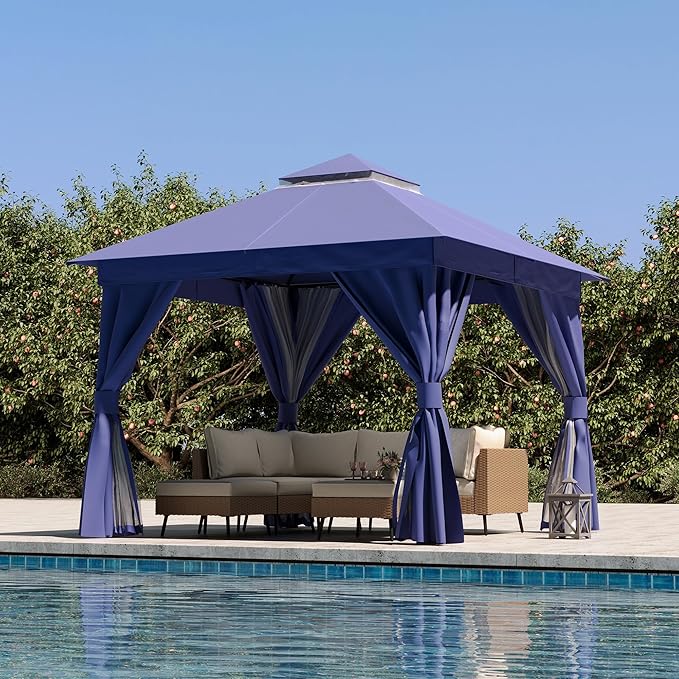 Outdoor Patio Gazebo 10FT, Heavy Duty Party Tent & Shelter with 2-Tier Roof and Expansion Bolts, Mosquito Nettings and Privacy Screens for Backyard, Garden, Poolside, Navy Blue