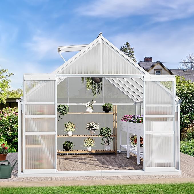 YITAHOME 8x12FT Polycarbonate Greenhouse for Outdoors, Large Heavy Duty Aluminum Greenhouses with Sliding Doors and Vent Window, Walk-in Greenhouse for Garden Backyard, Simple Setup, Silver
