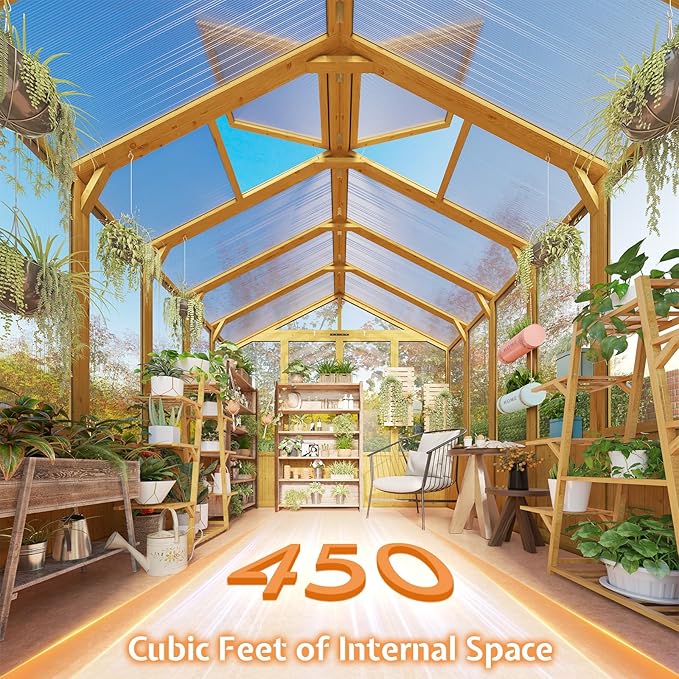 Jocisland 8x9.5x7.5 Ft Wooden Greenhouse, Pre-Assembled Solid Cedar Frame, Walk-in Design, Lockable Door, Adjustable Roof Vents, Polycarbonate Panels for Outdoor, Garden, Backyard