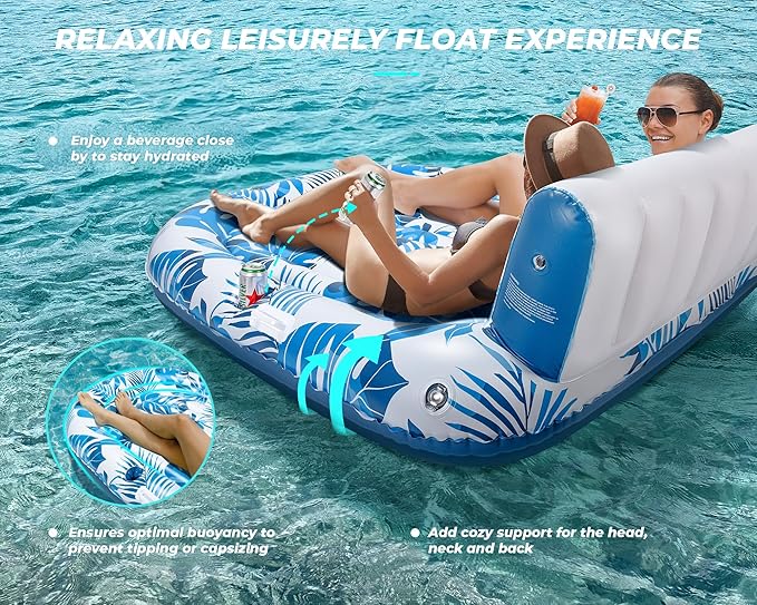 Pool Floats Adult 1-2-3 Person Inflatable Lounger, Extra Large Tanning Recliner Floaty Chair Raft with Backrest, Footrest, Cup Holder for Pool, Lake, River, Beach, Ocean & Party Use