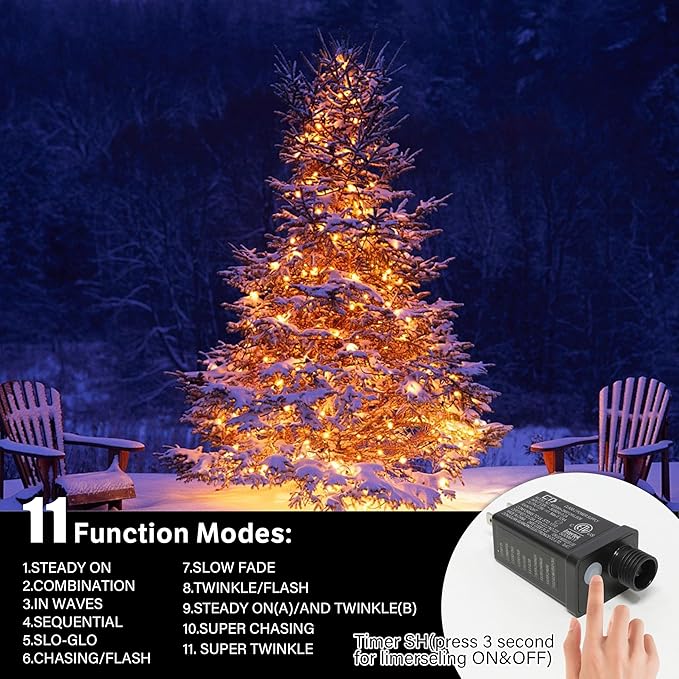 33ft Golden Christmas Decorative Mini Lights, 100 LED Transparent Wire Fairy Starry String Lights Plug in, 11 Lighting Modes, for Indoor Outdoor Xmas Tree Wedding Party Decoration (Yellow)