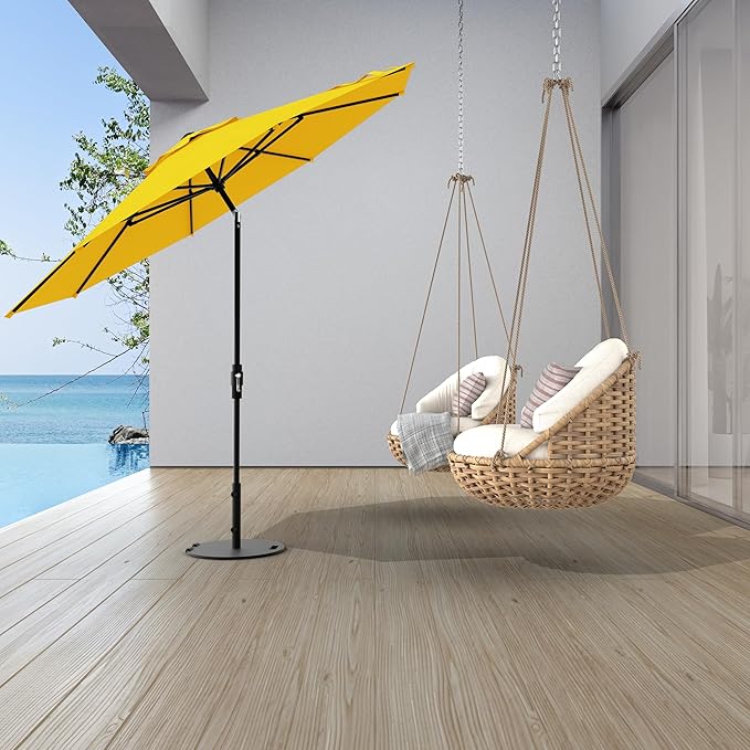 Midtown Umbrellas The Swilt 9 Feet Patio Umbrella in Terylast Sunflower (Yellow) Polyester Fabric - Fiberglass Ribs, Auto-Tilt Aluminum Frame For Backyard, Deck, Garden, Pool - White Pole