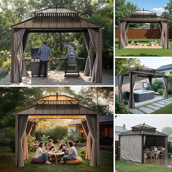 SUNJOY Kingston 12' x 10' Hardtop Gazebo with Galvanized Steel/Polycarbonate Double Roof, Curtain and Netting, Brown Aluminum Posts Permanent Pavilion Gazebo for Garden, Patio, Deck, Lawn