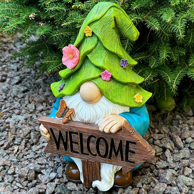 Mood Lab Garden Gnome - Solar Gnome Figurine with Welcome Sign - 9.1 Inch Decor Outdoor Lawn Statue with LED Lights