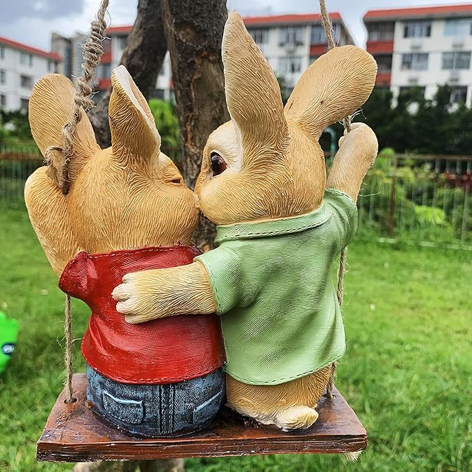 iRonrain Garden Statue Swing Bunny Couples, Indoor Outdoor Hanging Rabbits Lover Sculpture Funny Simulation Art Décor Figurine Ornament for Fence Pathway Backyard Landscape Tree Decorations
