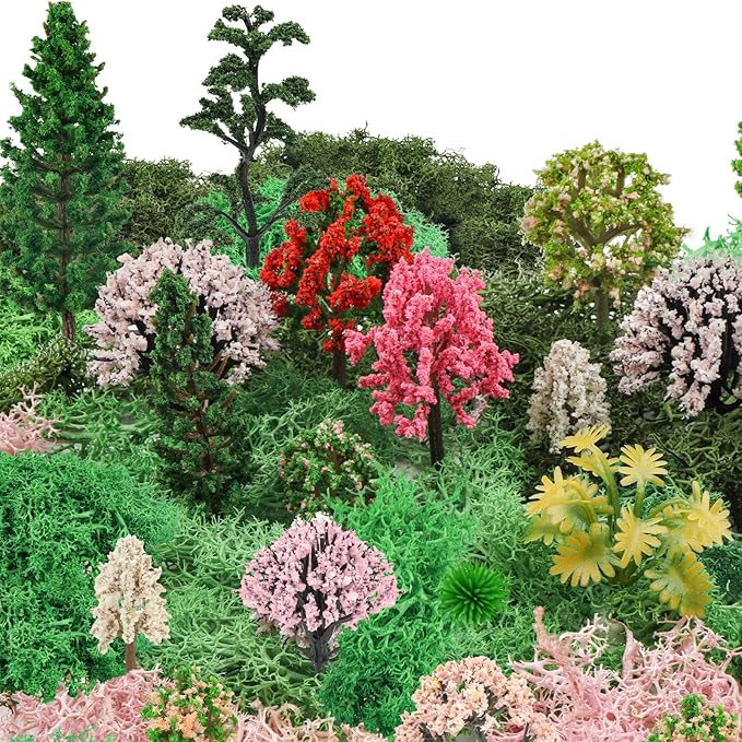 36 Pcs Mixed Model Trees with 40g Moss Pink and Green, Diorama Trees Grass Mini Fake Miniature Trees Moss for Building Model, Model Train Scenery, Natural Green Landscape, Railroad Scenery