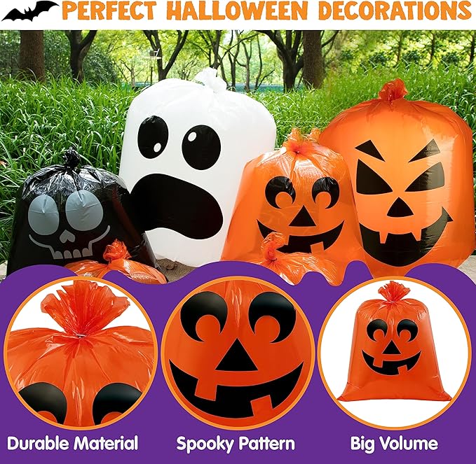 JOYIN 6 Pcs Halloween Leaf Bags, Pumpkin Leaf Lawn Bags for Yard Fall Outdoor Decorations, Plastic Resuable Jack o' Lantern Trash Bag for Halloween Decor Party Favors, Party Supplies