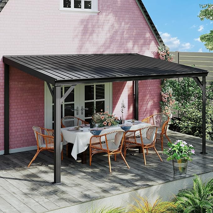 Domi 10’x14’ Lean-to Gazebo, Hardtop Wall-Mounted Gazebo Pergola with Sloping Galvanized Steel Roof and Upgraded Drainage System, Outdoor Permanent Metal Shelters for Patio Backyard Deck, Grey