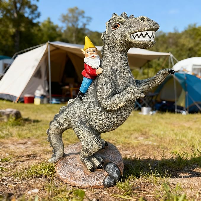 Funny Garden Gnome Riding Dinosaur Statue - Resin Outdoor Decor for Yard,Patio,Lawn - Whimsical Dinosaur Sculpture Gift for Garden Lovers