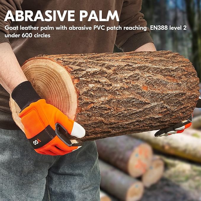 Vgo... Chainsaw Gloves, 12-Layer Chainsaw Protection on Both Hand Back, leather Work Gloves, Mechanic Gloves