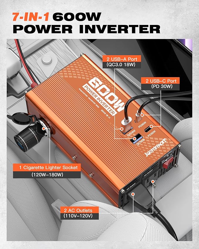 600W Power Inverter DC 12v to 110v AC Car Plug Adapter with [30W PD USB-C] & [18W QC USB-A] Fast Charging Ports, Dual AC Outlets, and Cigarette Lighter Socket for Vehicles