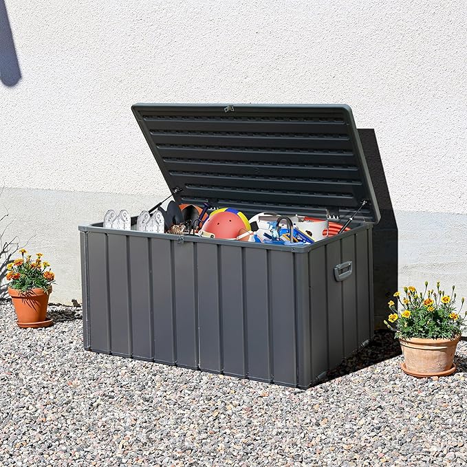 Deck Box,120 Gallon Indoor and Outdoor Storage Box, Lockable Large Patio Storage Bin for Outside Cushions, Garden Tools (Dark Grey)
