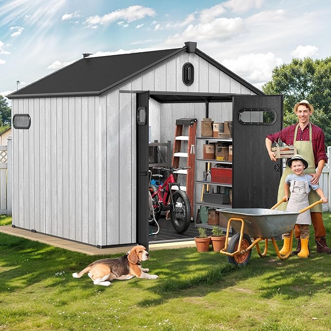 DWVO 8x8 FT Outdoor Storage Shed, 427 cuft Large Plastic Storage Shed with Floor & Lockable Door, Outside Tool Garden Shed with Windows & Vents for Patio Furniture, Lawn Mower, Bike, Black&Gray