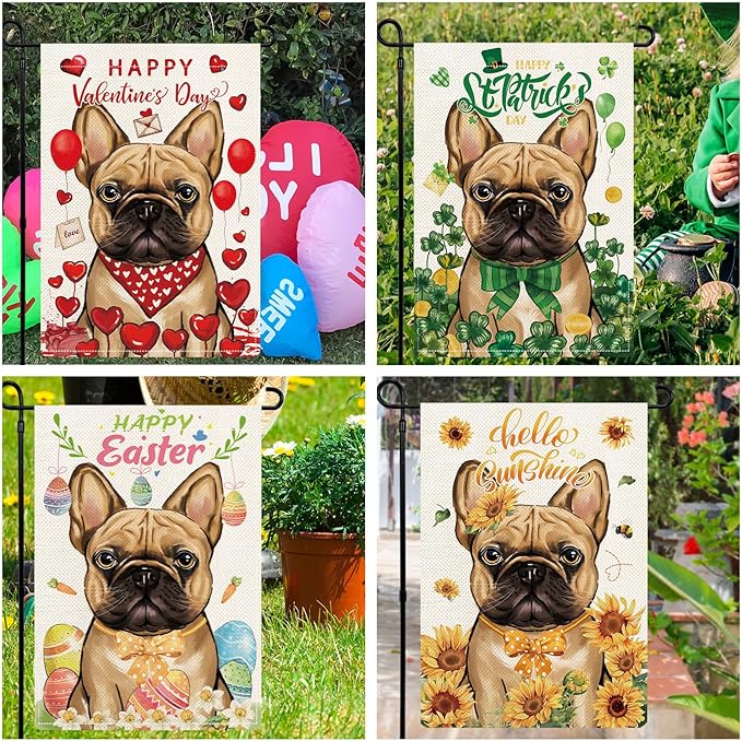 French Bulldog Garden Flags for Outside Set of 12, Dog Welcome Garden Flags 12x18 Double Sided for All Seasons and Holidays, Spring Summer Yard Lawn Flag for Pet Lover, French Bulldog Decor