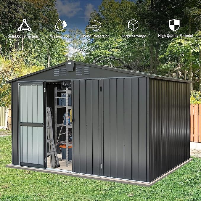 10x8ft Outdoor Storage Shed, Galvanized Steel Garden Shed with Sloping Roof, Lockable Double Doors and 32 Vents, Large Capacity Utility Tool Storage for Backyard Patio