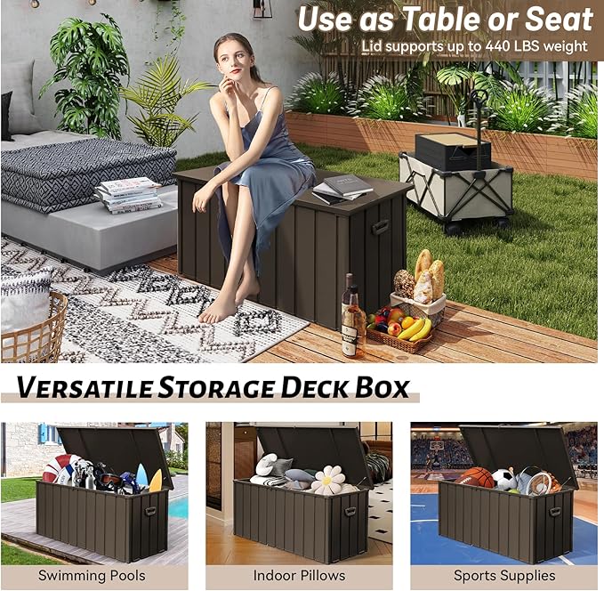 190 Gallon Metal Deck Box, Waterproof Steel Outdoor Box, Large Patio Furniture Storage Cabinet, Lockable Storage Bench for Porch Package Delivery, Pillows, Cushions, Pool, Tools, Backyard, Brown