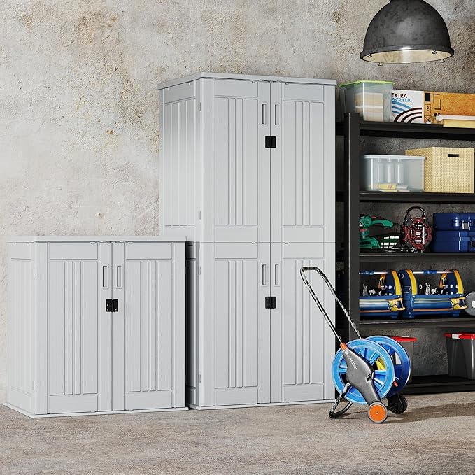 Heavy Duty Small Storage Cabinet Outdoor Weatherproof, 14 Cuft Garage Storage Cabinet with 2 Adjustable Shelves, Lockable Kitchen Pantry Closer Organizer, 31Wx23Lx34H, Polar White
