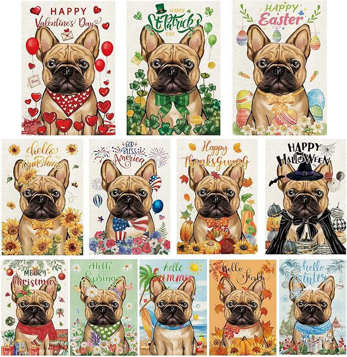 French Bulldog Garden Flags for Outside Set of 12, Dog Welcome Garden Flags 12x18 Double Sided for All Seasons and Holidays, Spring Summer Yard Lawn Flag for Pet Lover, French Bulldog Decor