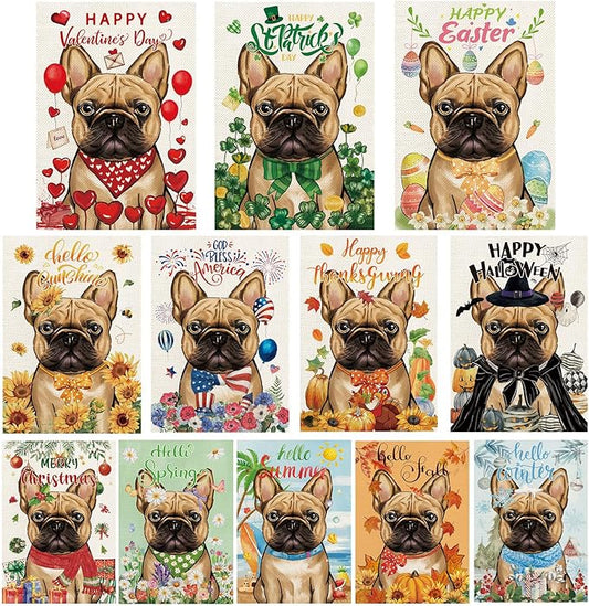 French Bulldog Garden Flags for Outside Set of 12, Dog Welcome Garden Flags 12x18 Double Sided for All Seasons and Holidays, Spring Summer Yard Lawn Flag for Pet Lover, French Bulldog Decor