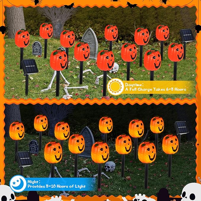 12 Pack Halloween Pumpkin Pathway Solar Lights, Orange Yard Stake Pumpkin Shaped Pathway Lights Outdoor Waterproof for Balcony Lawn Walkway Party Decor
