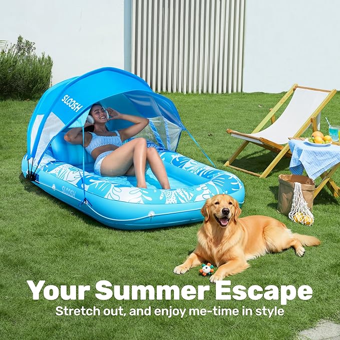 SLOOSH Inflatable Pool Floats Adult, 70" x 46" Tanning Pool with Canopy, 4 in 1 Lounger Float with Pillow, Suntan Tub Raft Floatie, Sunbathing Bed Lounge for Water Blow Up Kids Ball Pit Party Gifts