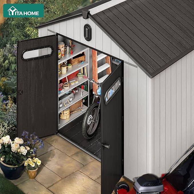 YITAHOME 8x10ft Resin Storage Structure, Outdoor 544 cuft Plastic Garden Storage Unit with Windows, Vents and Lockable Entrance, Waterproof Tool Organizer with Flooring for Lawn Equipment，Gray