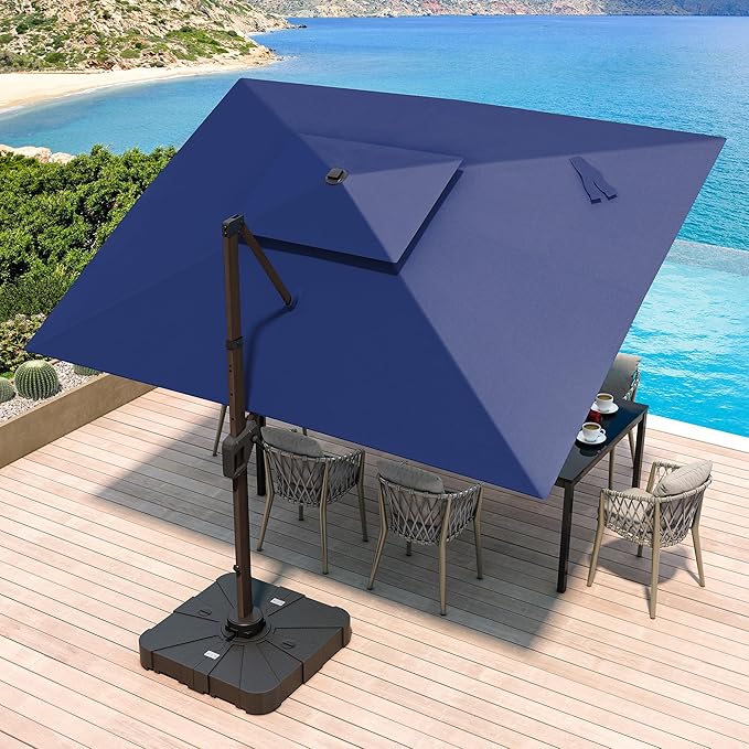 JZAC & QZYD 10 X 13 FT Cantilever Patio Umbrella with Base Included Outdoor Large Offset Double Top Heavy Duty Rectangle Umbrellas with 360° Rotation for Deck Backyard Garden, Navy