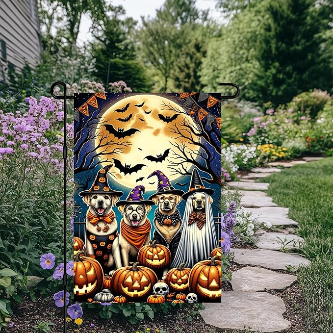 Halloween Garden Flag 12x18 Inch Dog Costume Party Flag Double Sided Spooky Pumpkin Yard Banner Outdoor Decoration for Porch Lawn Patio Seasonal Decor