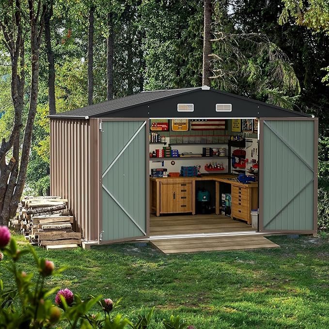 Furniwell 10x8 FT Outdoor Storage Shed, Metal Garden Sheds Outdoor Storage House with Single Lockable Door for Backyard Patio Lawn, Brown