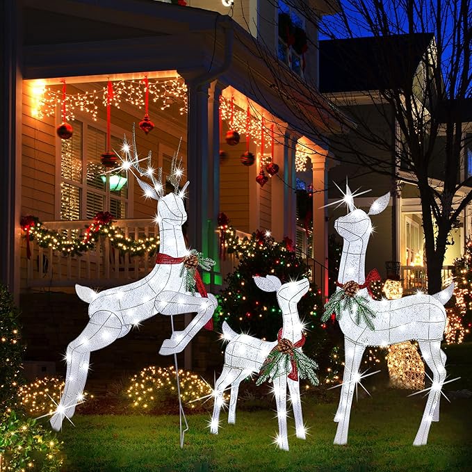 Lulu Home Set of 3 Pre-lit White Reindeer with 255 LEDs Clear White Lights, 3D Light Up Glittered Standing Reindeer Family for Xmas Lighted Holiday Display Indoor Outdoor