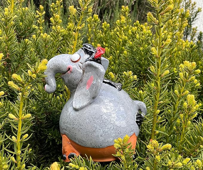 Ceramic Garden Decor - Elephant Lawn Stake - Outdoor Statue - Perfect, Unique Gifts for Gardeners Woman, Men, Yard Gifts - Handmade, Frostproof