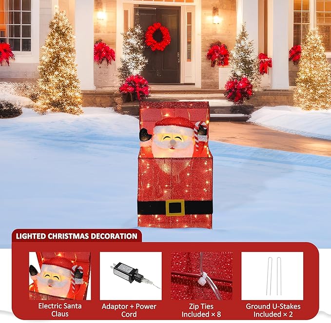 VEIKOU Lighted Christmas Santa Claus Decoration in Gift Box, Electric Santa Claus Christmas Yard Decoration with 100 Warm White LED Lights, 3D Xmas Holiday Ornament for Outdoor and Indoor