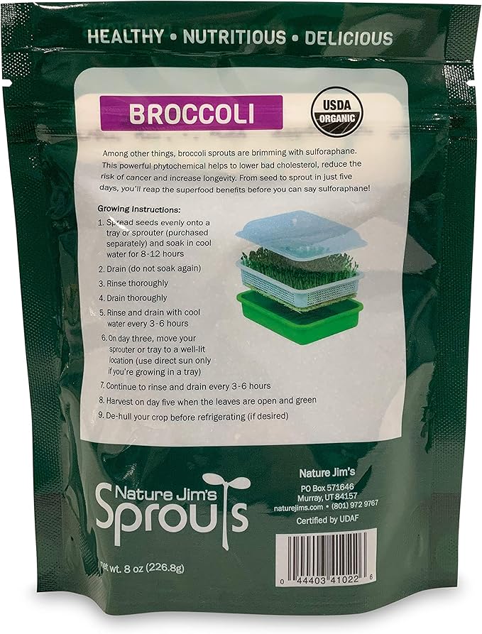 Nature Jims Sprouts Broccoli Sprout Seeds - Certified Organic Broccoli Sprouting Seeds for Indoor/Outdoor Use - Rich in Sulforaphane Healthy, Nutritious Broccoli Seeds Sprout in 5 Days - 8oz