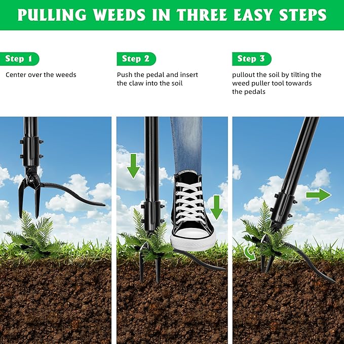 Weed Puller Tool, 50 Inch Stand Up Heavy Duty Weed Puller Tool, Gardening Hand Weeding Tool, 4 Claw Steel Head with Long Metal Handle Weed Remove Tool for Yard and Garden ﻿