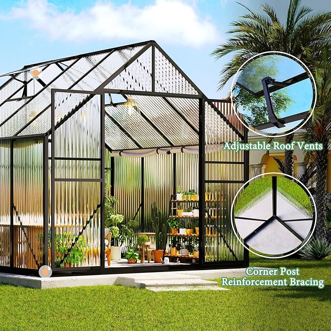 Amerlife 8x8x7 FT Outdoor Polycarbonate Greenhouse, Walk-in Aluminum Frame Design with Two Windows & Swing Door, Durable Garden Structure in Black