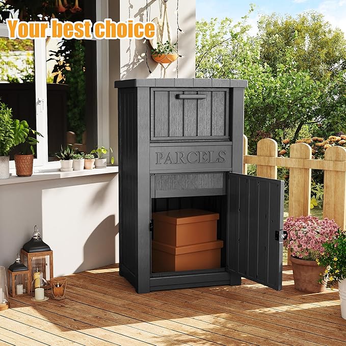 Package Delivery Box,Storage Box with Lockable Secure,Double-Wall Resin Outdoor Package Delivery and Waterproof Deck Box for Porch, Curbside (Black)