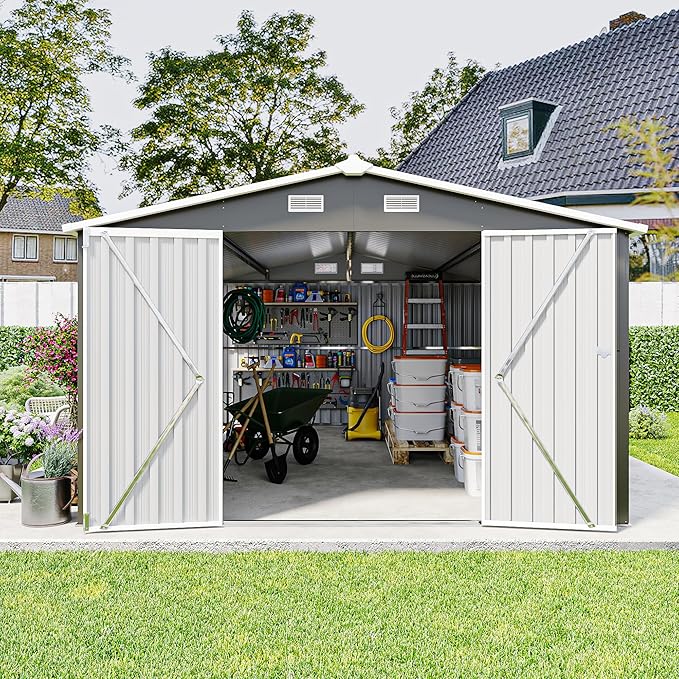 10x14 FT Outdoor Storage Shed, Metal Shed with Floor, Lockable Door & Vents, All-Weather Resin Shed for Garden, Backyard, Patio, Lawn, Dark Gray