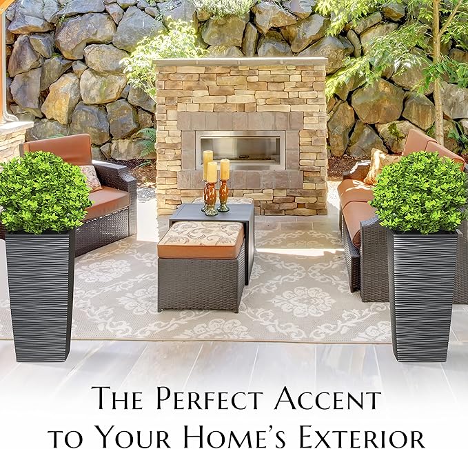Mueller M-Resin Heavy Duty Tall Planter, Indoor/Outdoor Grande Plant, Tree, Flower Pot, 2-Piece Set, 24”, Modern Design, Built-in Drainage, Dark Gray