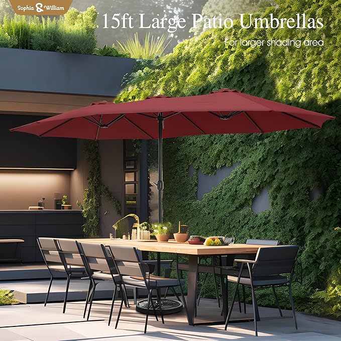 Sophia & William 15 ft Extra Large Patio Umbrella with Base Included, Rectangular Outdoor Umbrella Heavy Duty, Market Umbrella Double-sided Fade Resistant for Pool Garden Backyard, Burgundy