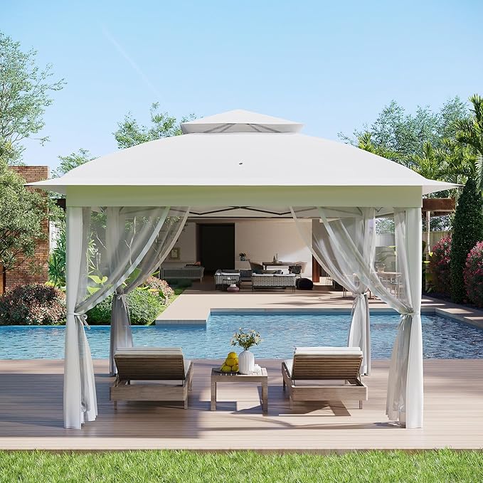 11x11 Pop Up Instant Gazebo Tent for Backyard, Pop Up Gazebo With Mosquito Netting, Outdoor Canopy Gazebos Waterproof With Portable Carrying Bag