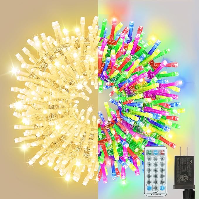 33ft Christmas Decorative Mini Lights, 100 LED Transparent Wire Fairy Starry String Lights Plug in, 12 Lighting Modes, for Indoor Outdoor Xmas Tree Wedding Party Decoration (Warm+Multicolor)