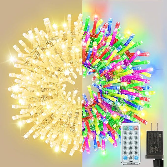 33ft Christmas Decorative Mini Lights, 100 LED Transparent Wire Fairy Starry String Lights Plug in, 12 Lighting Modes, for Indoor Outdoor Xmas Tree Wedding Party Decoration (Warm+Multicolor)