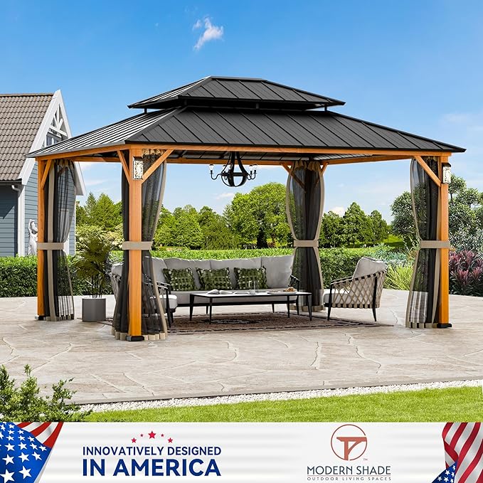 Modern Shade The Horizon Hardtop Gazebo 12' x 14' with 4 LED Lights, Permanent Outdoor Gazebo with Galvanized Steel Double Roof, Grill Pavilion with Decor Hooks, Mosquito Nettings, Wood-Looking