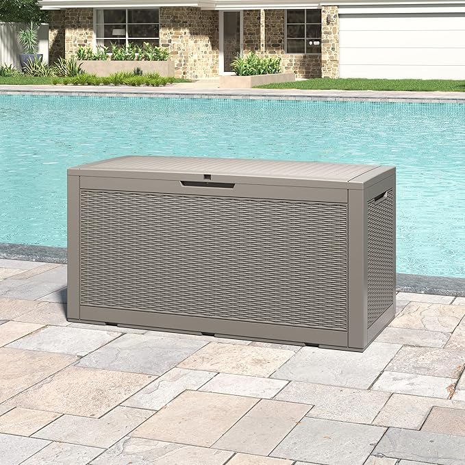 100 Gallon Deck Box Large Outdoor Storage Boxfor Patio Furniture,Outdoor Cushions, Garden Tools, Sports Equipment and Pool Supplies, Waterproof, Resin, Lockable