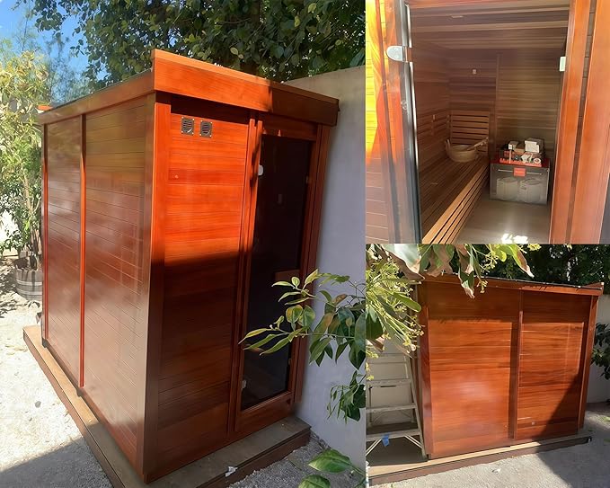 Outdoor Steam Sauna, Canadian Red Cedar Saunas 3 Person, 6KW ETL Toule Heater, Waterproof System, 220V,Broad Benche, Modern Sauna Box, Left Door (0-195℉)