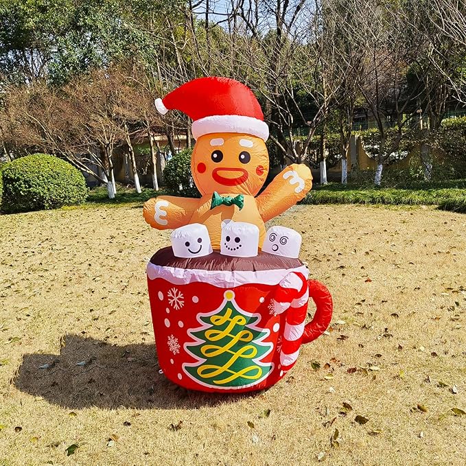 WBHome 5 Ft Christmas Inflatable Gingerbread Man in Cocoa Outdoor Decorations, Xmas Blow Up Yard Decor with Built-in LED Light for Lawn Home Party Indoor Outdoor