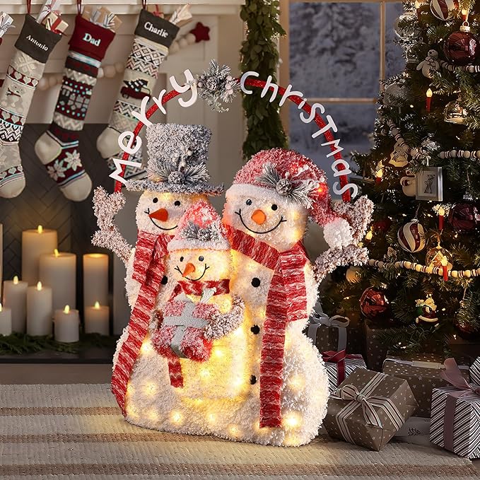 LuxenHome 3.5FT Lighted Snowman Family Outdoor Decorations, Prelit Frosted Snowman with Hat and Scarf, Illuminated Christmas Decorations Indoor and Outdoor for Porch, Lawn, Holiday Yard Decor
