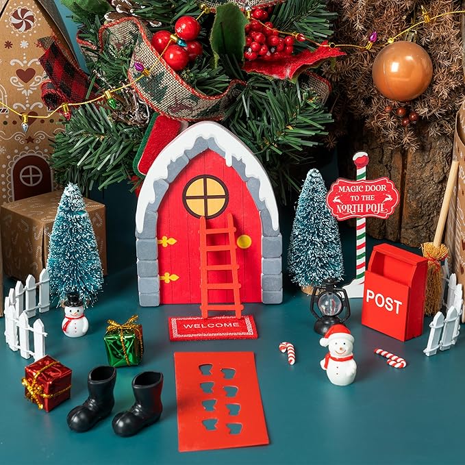 Haooryx Christmas Elf Garden Miniatures - 22Pcs Christmas Magic Fairy Doors Decoration Kit Wooden Miniature Fairy Door Xmas Elf Magic Door Wall Fairies Christmas Winter Xmas New Year Decor(Grey Stone)