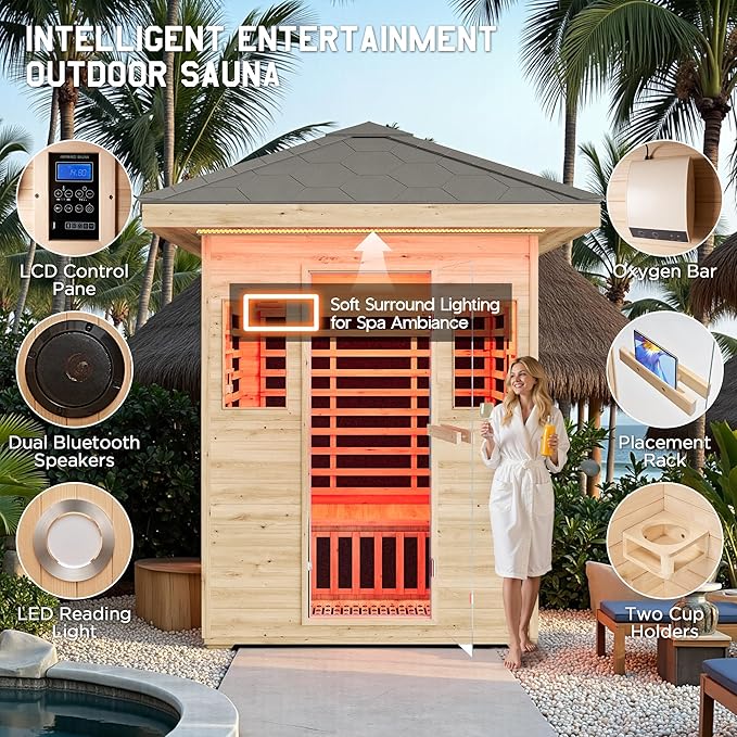 Albott Outdoor Sauna 3 Person, Infrared Saunas for Home, Low EMF 2645W/240V Spruce Wood Dry Sauna with Tourmaline Stone Foot Warmer, 7-Color Light Therapy & 2 Bluetooth Speakers, 60.2"x43.3"x98.4"