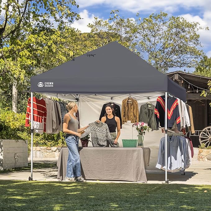 CROWN SHADES 10x10 Pop Up Canopy Tent with 1 Comercial Kit, Instant Commercial Tent with Patended Centerlock, 400D Silver Coated Fabric, 1 Sidewall, 4" Wheels, Sto'N Go Bag,Grey